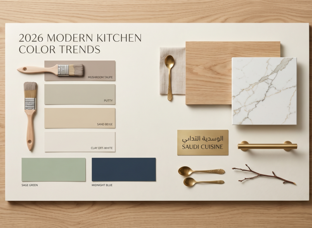 Mood board displaying the trending warm earthy neutrals, biophilic greens, and deep blues for 2026 kitchens.