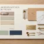 Mood board displaying the trending warm earthy neutrals, biophilic greens, and deep blues for 2026 kitchens.