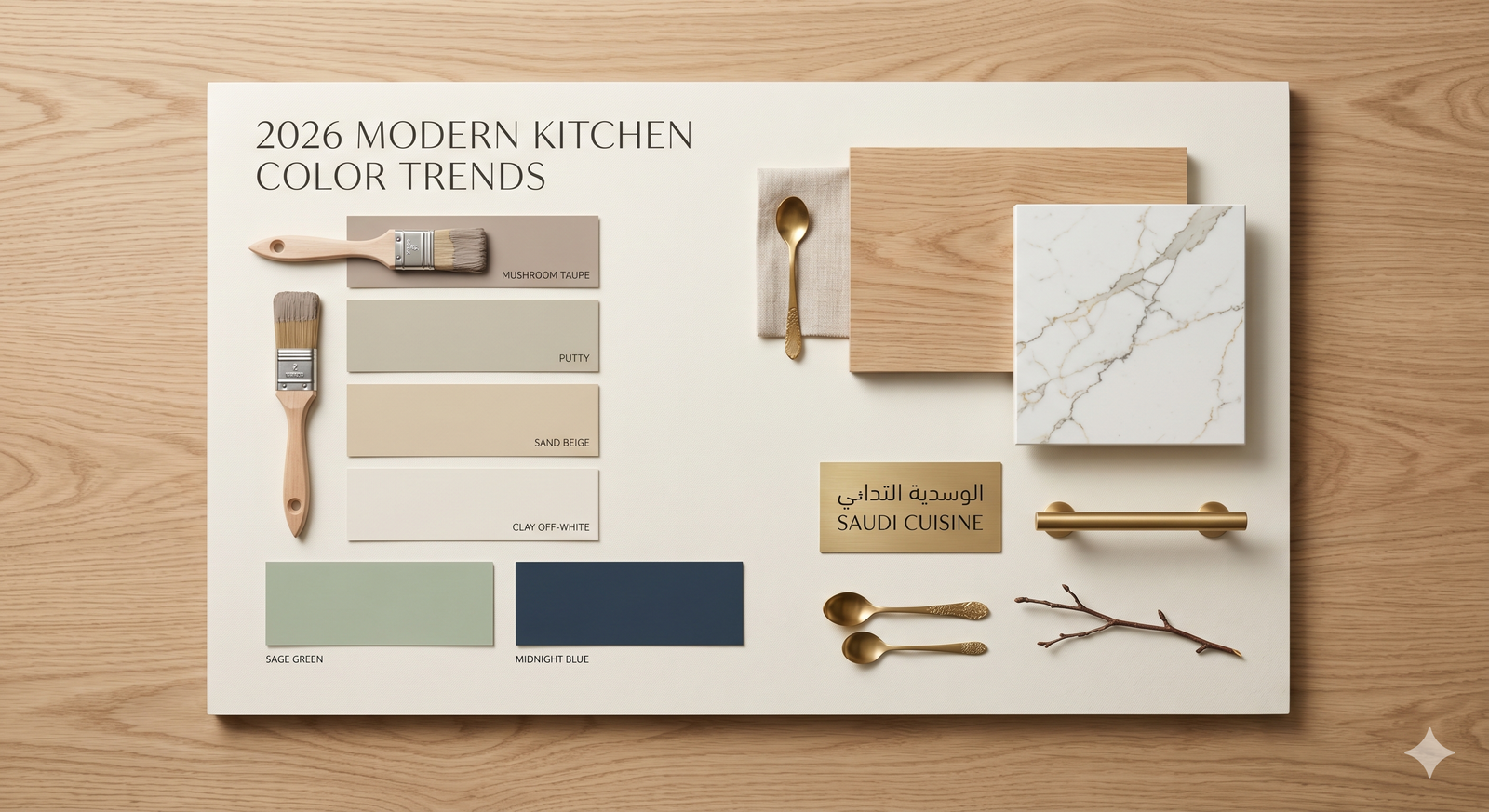 Mood board displaying the trending warm earthy neutrals, biophilic greens, and deep blues for 2026 kitchens.